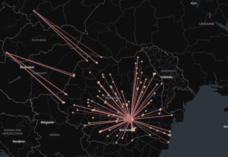 SCMotif scenario map: a Ploiești DC serving 150 Romanian stores