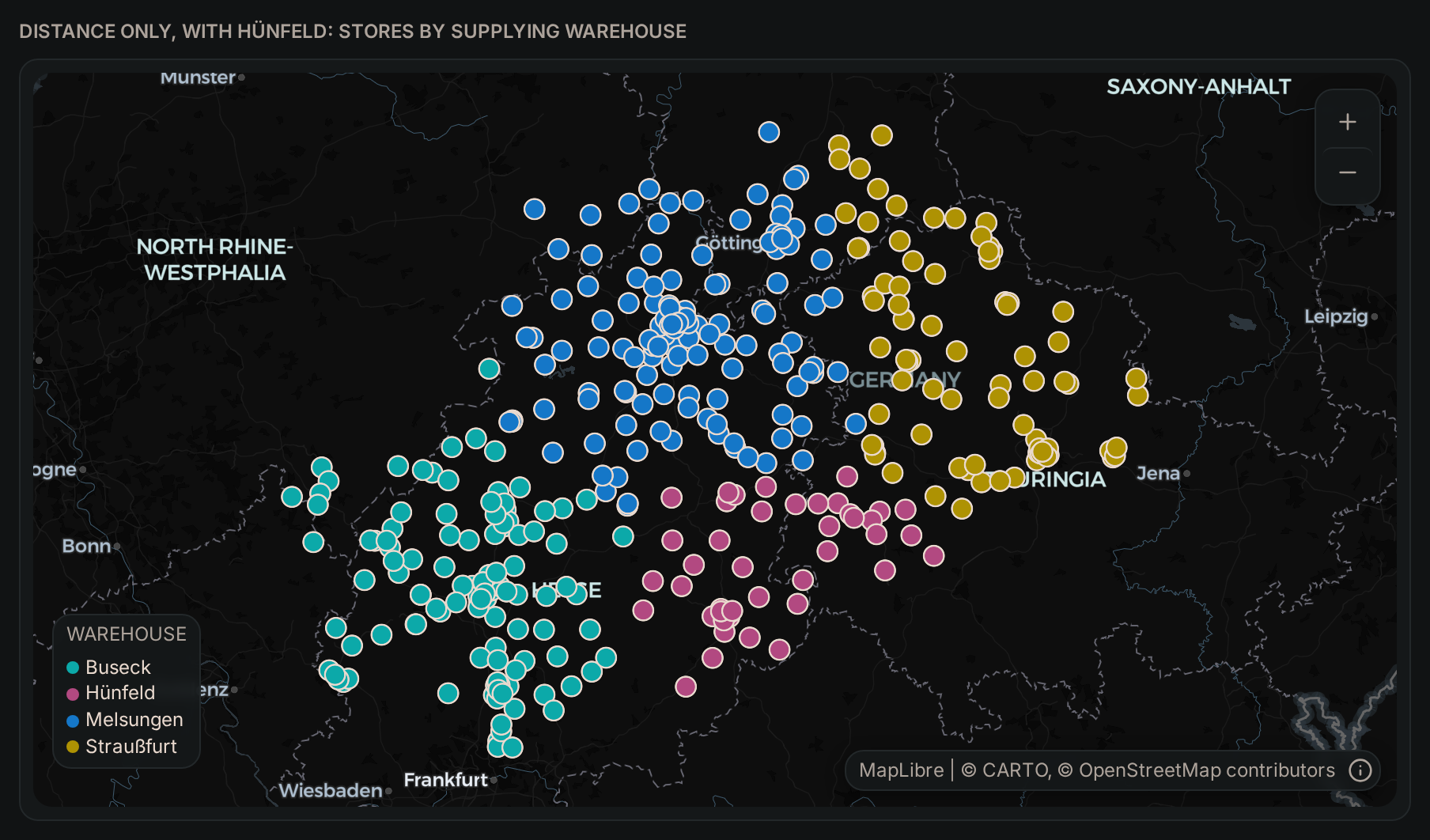 SCMotif map of step 1: stores coloured by supplying warehouse, Hünfeld, Melsungen, Buseck or Straußfurt