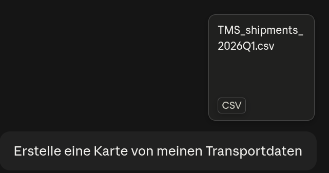 Die in Claude gestellte Frage, mit angehängtem TMS-Export: „Erstelle eine Karte von meinen Transportdaten".