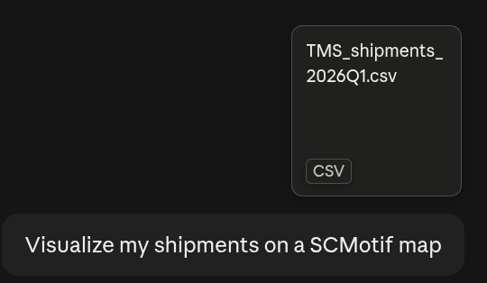 The question asked in Claude, with the TMS export attached: "Visualize my shipments on a SCMotif map".